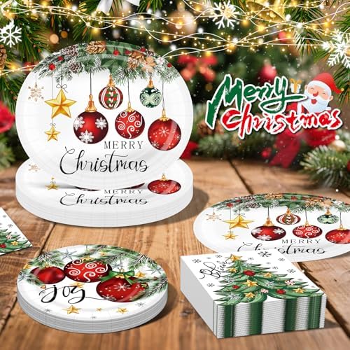 100PCS Christmas Paper Plates and Napkins Set- (25 Guests)
