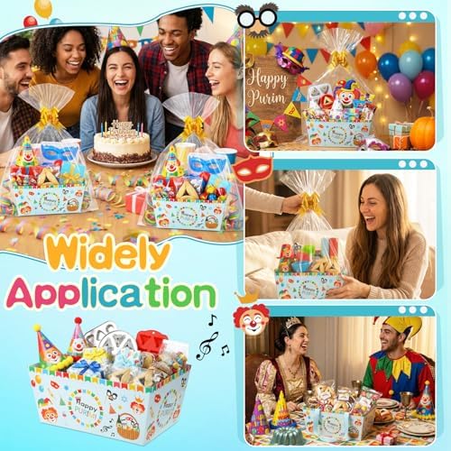 Moinchore 12 Set Happy Purim Basket for Gifts Empty 9.8x6.5'' Clown Market Tray Cardboard with Bows, Cellophane Bags, Twist Tiles, Empty to Fill for Purim Birthday Bridal Wedding Party Supply