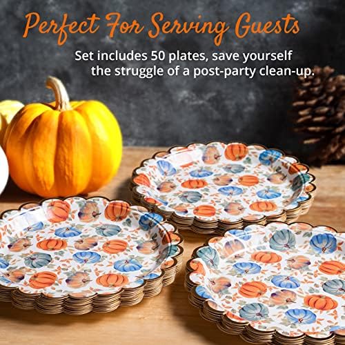 Confettiville Thanksgiving Paper Plates, 50-Count Fall-Themed Decorative Disposable Serving Plates, Pale Apricot, Gold Foil Scalloped Edge, 9 Inches