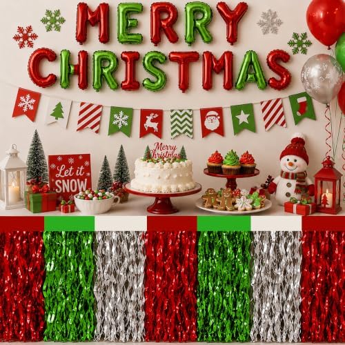 Christmas Decorations - 2 Pack Red Green White Wavy Foil Table Skirts
