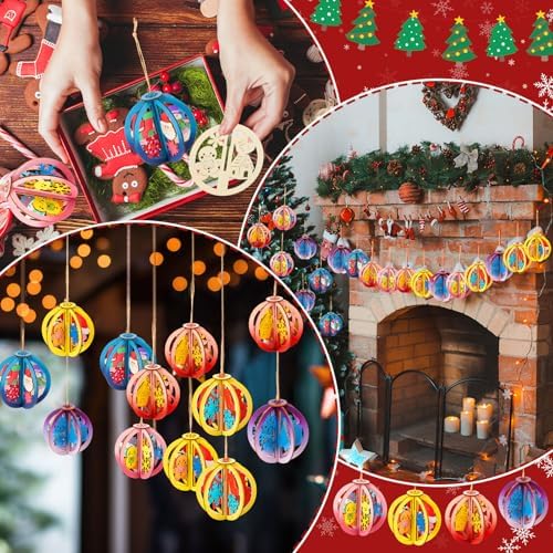 Chunful 72 Pcs DIY Christmas Wood Crafts to Paint 3D Unfinished Wooden Ornaments Christmas Hanging Cutouts Blank Hollow Wood Winter Snowflake House Holiday Wooden Slice for Xmas Tree Decorations