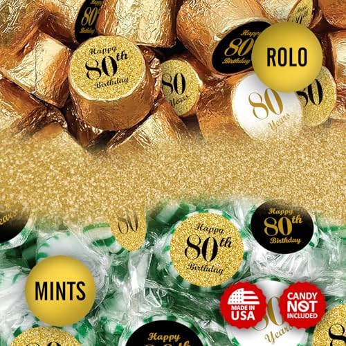 Happy 80th Birthday Kisses Stickers, (Set of 324) Chocolate Drops Labels for 80 Birthday, Party Favors Decor for Kisses. Made in USA, 9 Designs (36 Stickers of Each)