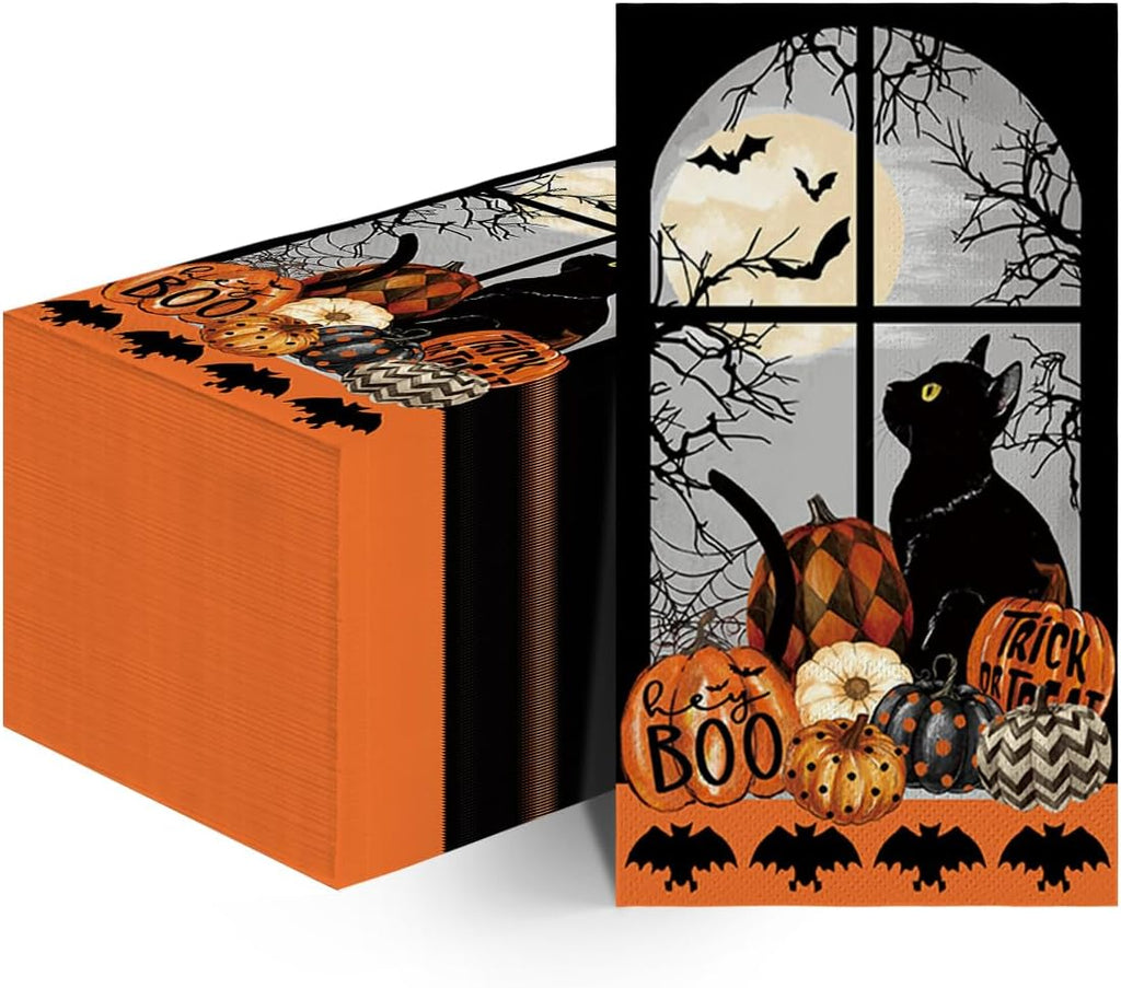 Horaldaily 50Pcs Halloween Paper Napkins, Buffalo Plaid and Dots Pumpkin Moon Cat Bats