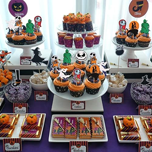 24 PCS Jack Skellington Halloween Cupcake Toppers Glitter Skull Ghost Jack and Sally Cupcake Picks for Nightmare Theme Wedding Anniversary Birthday Party Cake Decorations Supplies