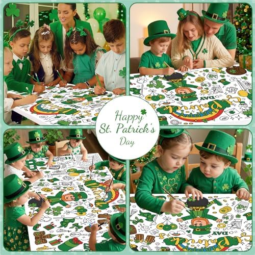 Giant St Patricks Day Coloring Poster - Large Happy St Patrick's Day Coloring Tablecloth, Jumbo Shamrock Paper Table Cloth Banner for Saint Patricks Gifts Activities Party Favors Crafts, 30 x 72 Inch