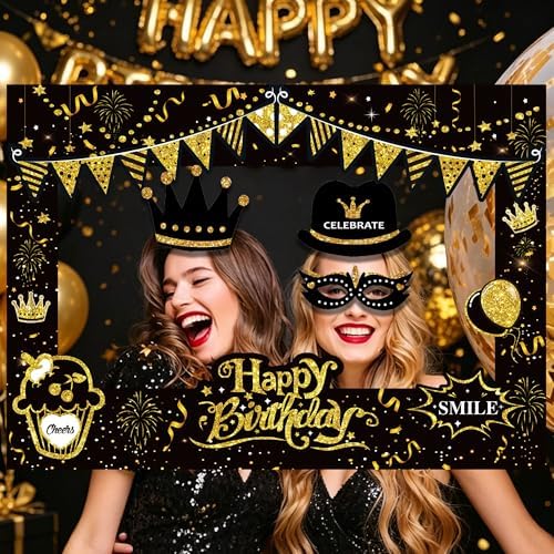 38 Pcs Birthday Photo Booth Props Kit with Frame, Happy Birthday Party Favors Supplies Bday Party Decorations Set for Girls Women Really Glitter Selfie Paper Party Supplies (Gold)