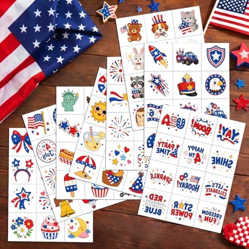 JCFIRE 4th of July Temporary Tattoos for Kids Adults, Cute Independence Day Fake Tattoos Stickers, Fourth of July Red White and Blue 4th of July Accessories for Women Girls Party Favors