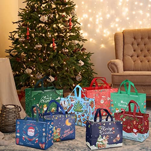 PARSUP 8PCS Christmas Gift Bags, Non-Woven Tote Treat Christmas Bags with Handles for Gifts Wrapping Shopping, Xmas Party Supplies, 12.8"×9.8"×6.7"