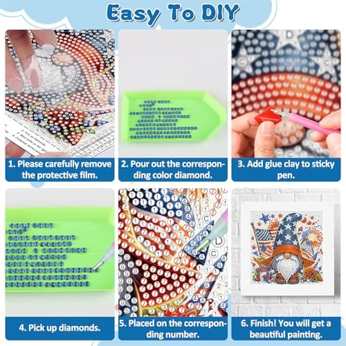 Gnome Diamond Art Kits for Kids with Frame, American Flag Diamond Painting Kits for Kids Ages 4-8-12, 4th of July Easy Diamonds Gem Art Crafts for Girls Boys, Gift Package for and Home Decor(7x7inch)