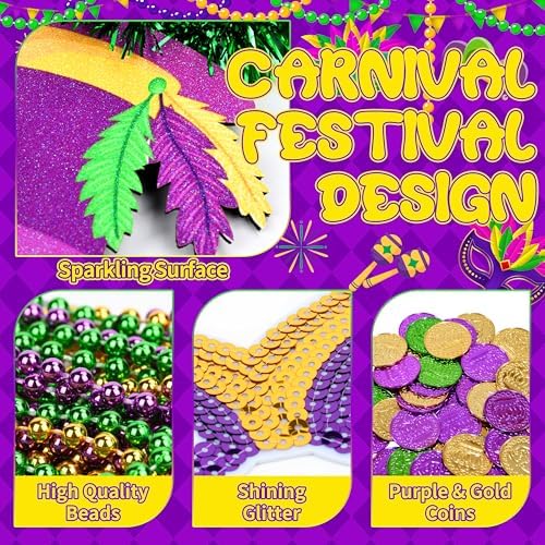 Seifar 172 Pcs Mardi Gras Accessories Set, Purple Green Gold Mardi Gras Beads Necklaces Coins Headbands Bracelets Tattoos for Mardi Gras Masquerade Parade Decor Party Favors Supplies