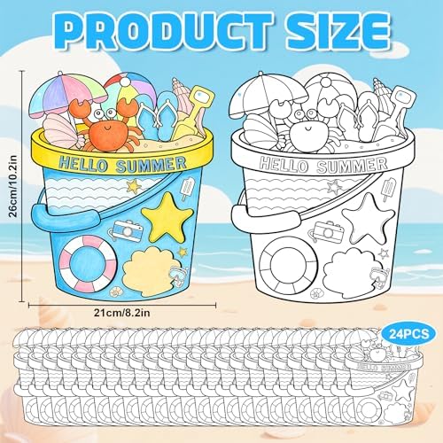 Sereliy 24 Pcs Summer Coloring Wreath Crafts, Color Your Own Bucket Crafts, DIY Paper Wreath for Summer Home Activities Games. (Bucket)