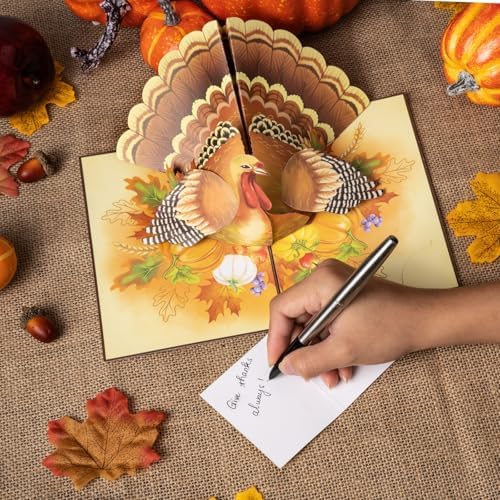 POPWOW Thanksgiving Turkey Pop Up Card, Pumpkin, Give Thanks, 3D Popup Greeting Cards, Gifts for Mom, Grandma, Girl, Women, Fall Table Decorations, 5x7 - Includes Envelope And Message Note