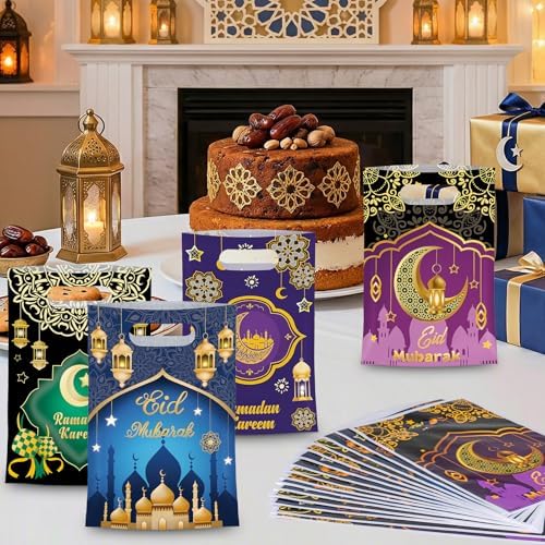 50 Pcs Ramadan Gift Bags with Handles - Eid Mubarak Goodie Bag, Ramadan Kareem Plastic Goody Candy Cookie Snack Treat Party Favor Bags Bulk for Islamic Muslim Eid Mubarak Party Supplies Favors,4 Style