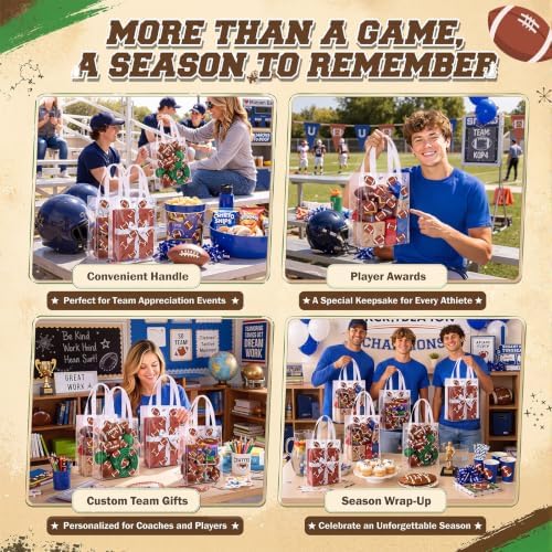 Pajean 24 Pcs Football Plastic Gift Bags with Handles, 5.9 x 8.7 x 3.1 Inch Rugby PE Treat Bags, Brown Football Theme Goodie Pouches for Classroom Exchange, Sport Game Day Party Supplies Decoration