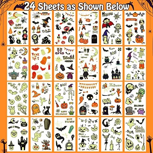 Partywind 250 Styles Glow Halloween Party Supplies, Luminous Halloween Temporary Tattoos for Kids Birthday Party Decorations Favors, Halloween Goodie Bag Fillers (24 Sheets)