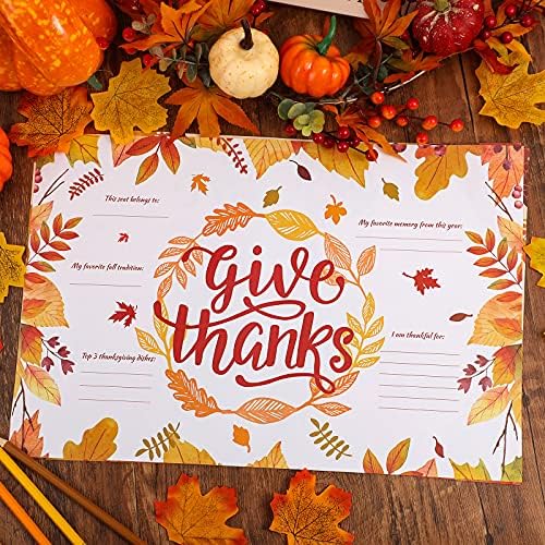 25 Pieces Fall Leaves Happy Thanksgiving Placemats Disposable Paper Table Mats Thanksgiving Decor Table Placemats Autumn Maple Leaves 11 x 17 Inch for Kids(Give Thanks)