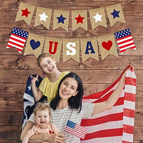 USA Banner Burlap 4th of July Decorations Rustic Patriotic Banner Red White Blue Stars Bunting Garland for President Day 4th of July Party Supplies 4th of July Patriotic Outdoor Indoor hanging Decor