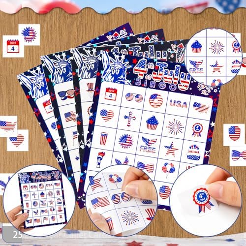 4th of July Bingo Game Cards, 24 Players Patriotic Bingo Cards, Fourth of July Bingos Game for Adults Outdoor Family Friends Student Large Group Activities Independence Day Party Favors Supplies
