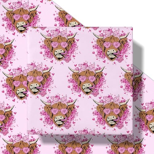RUSPEPA Highland Cow Wrapping Paper Roll, Mini Roll, Floral Highland Cow with Heart Sunglasses Design, Pink Fun Gift Wrap for Kids, Girls, Valentine’s Day, Anniversary, Birthday, 17 Inches x 16.4 Feet
