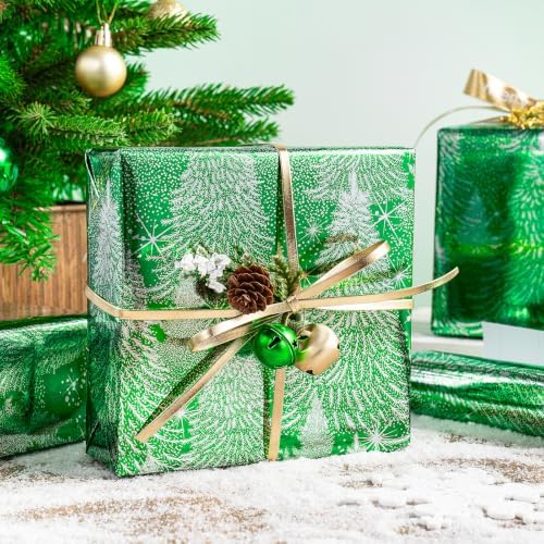 RUSPEPA Elegant Christmas Tree Wrapping Paper Roll, Mini Roll, Green Silver Christmas Tree and Sparkling Star Design Luxury Gift Wrap for Xmas Holiday, Winter Party, Wedding, 17 Inches x 16.4 Feet
