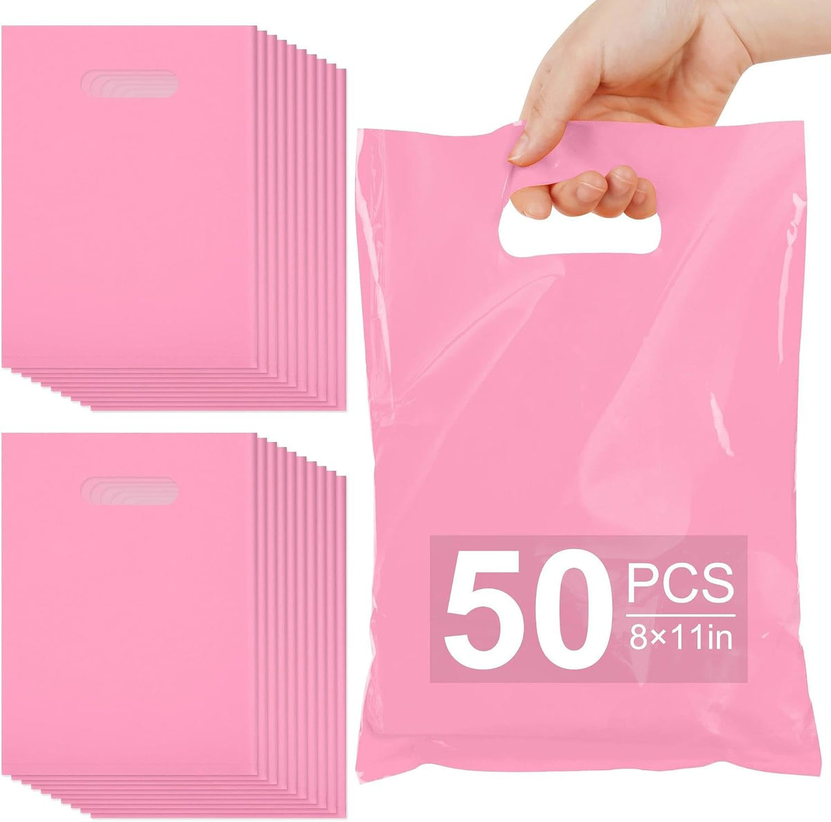 VieFantaisie 50 PCS Pink Party Favor Bags, 8" x 11" Goodie Bags for Candy Treat Craft Easter Egg, Plastic Gift Bag with Die Cut Handles for Birthday Party, School Events & Small Business, Wedding