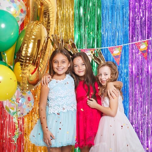 Rainbow Tinsel Backdrop Foil Fringe Curtains, 2 Pack Party Decor