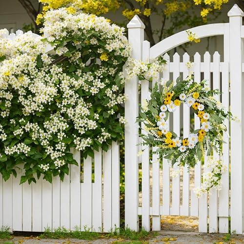 Artificial Spring Wreath 22 Inch Spring Wreaths for Front Door Summer Wreath with White Yellow Daisy Lavender and Green Leaves for Wall Porch Farmhouse Party Easter Celebration