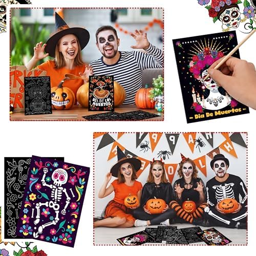 Marspark 24 Pcs Day of the Dead Scratch Paper Halloween Art Crafts Bulk