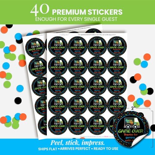 Video Game Truck Party Stickers, 40 Pack 2-Inch Gamer Birthday Labels for Favors, Goodie Bags & Envelope Seals, Made in USA by Amanda Creation
