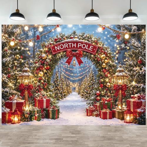 Christmas North Pole Photography Backdrop,Winter Aurora Borealis Snowy Forest Scene Background with Street Lamps,Xmas Party Decor Photo Booth Props(7x5ft)