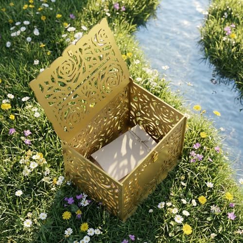 Jolik Love Wedding Card Box with Sign, Large Rustic Locking Money Box Holder for Wedding Reception, Gift Card & Envelope Storage, DIY Anniversary & Birthday Party Decoration (Gold)
