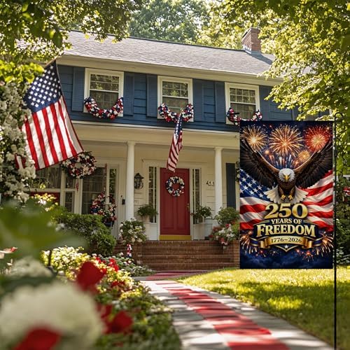 4th of July Decorations - 250th Anniversary Garden Flag | 250 Years of Freedom 1776-2026 Merchandise Double Sided Patriotic Banner, Fourth of July Decor for Garden Yard Porch Patio Lawn Outdoor Outside Accessories