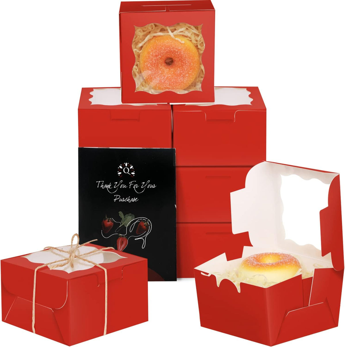 qiqee Red Bakery Boxes with Window 55pcs 4x4x2.5 Mini Cookie Boxes Macaron Boxes Small Donut Pastry Boxes for Party