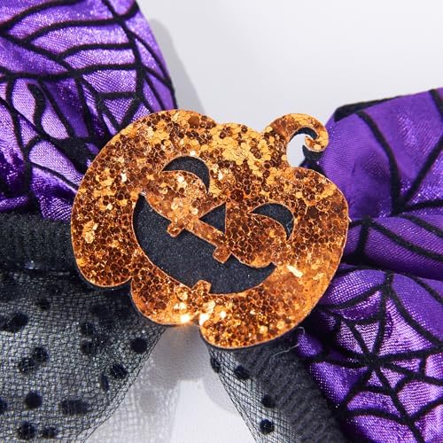 Halloween Headbands with Pumpkin and Spider Web, 2 Pack Orange and Purple Headband with Big Bow, Hairbands Hair Hoop Halloween Spooky Hair Accessories for Women Girls Kids