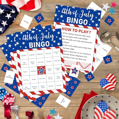 4th of July Bingo Game Set for 24 - Patriotic Party Activities, Independence Day Games for Family Reunion, School & Classroom Decorations – 5" x 7" Cards