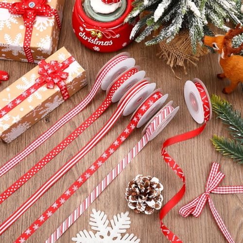DECYOOL Christmas Ribbon 6 Rolls 60 Yards Red Pink Xmas Grosgrain Ribbons