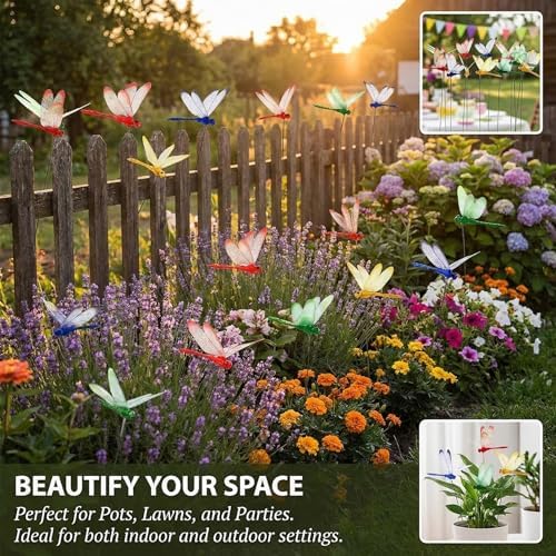 RAINFLOW 24 PCS Dragonfly Garden Stakes - Fake Dragonflies Outdoor Decor
