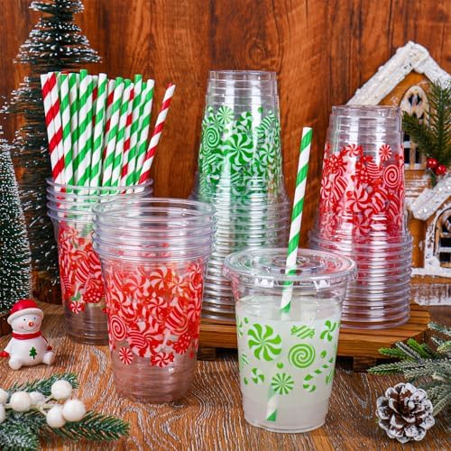 Whaline 100 Pcs 12 Oz Christmas Disposable Cup with Lid Straw Plastic Party Cup Red Green Peppermint Candy Cane Clear Glasses for Coffee Juice Cold Beverage Drink Xmas Holiday Party Supplies