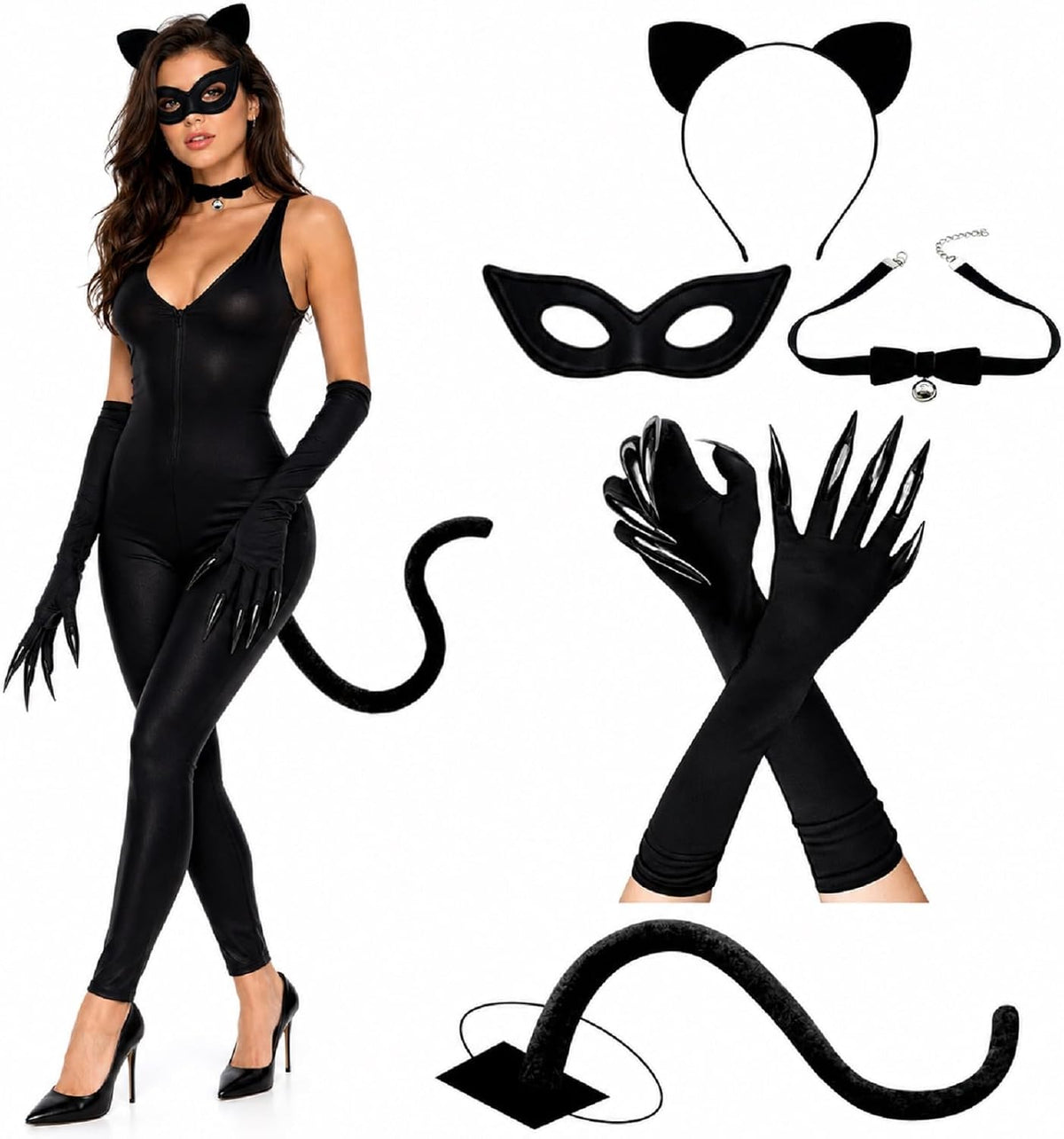 Cat Woman Costume 5-pc Accessory Kit with Cat Ear Headband & Claw Gloves