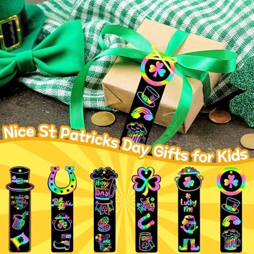 AUGSUN 96Pcs St Patricks Day Scratch Art Bookmarks Crafts for Kids