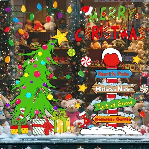 JarThenaAMCS Christmas Window Clings Decorations Extra Large Double-Sided Reusable Decals Rustic Curved Christmas Tree Arrow Yard Sign Stickers for Xmas Winter Home Office Party Glass Decor, 6 Sheets