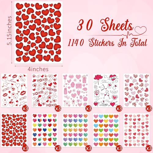 1140Pcs Valentines Stickers, 30 Sheets Valentine Day Cute Heart Stickers, Love Sticker Bulk for Valentines Day Decorations Prizes Gifts Box Envelopes Cards Decor Crafts Party Favors Supplies