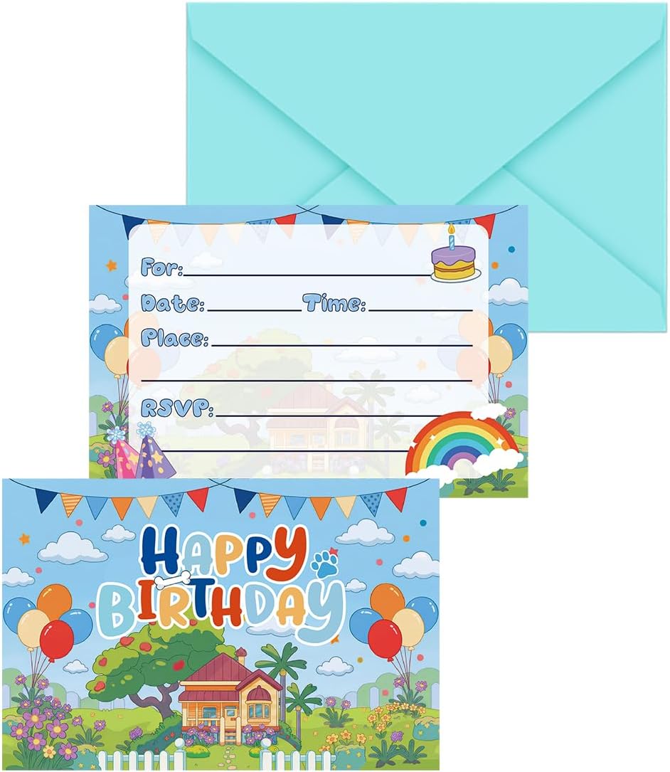 12Pcs Cute Cartoon Dog Birthday Invitations Set with Envelopes & Stickers, Puppy Paw Theme Invitation Cards for Birthday Decorations Party favors Supplies