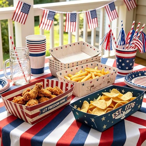 48 Pcs Vintage Patriotic Snack Trays, Disposable American Heritage Serving Boats, Red White and Blue Food Trays for July 4th, BBQs & Patriotic Celebrations – 3 Unique Designs