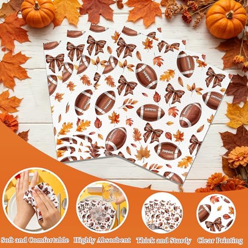50 Pcs Fall Football Bow Disposable Paper Napkins, 2-Ply Absorbent Decorative Napkins, Autumn Sports Theme Tableware Supplies for Football Game Day, Harvest Thanksgiving Dinner, Holiday Celebrations