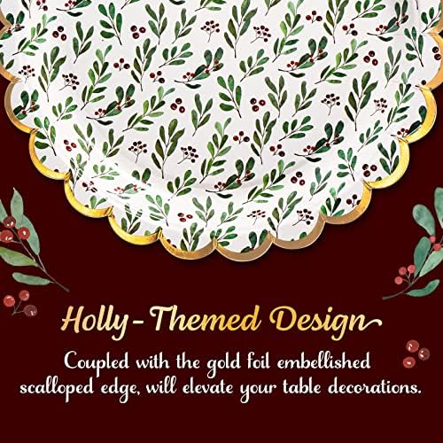 Confettiville Christmas Paper Plates, 50-Count Disposable Christmas Party Supplies, Holly, Gold Foil Scalloped Edge, 9 Inches
