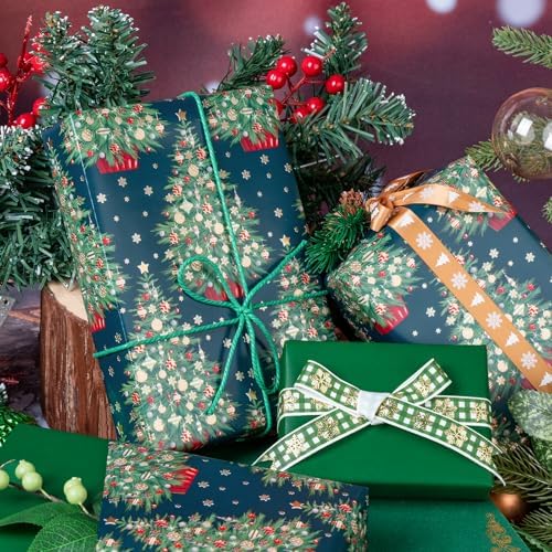 WRAPAHOLIC Reversible Green Christmas Wrapping Paper - Mini Roll - 17 Inch x 33 Feet - Green Christmas Tree Wrapping Paper for Holiday, Party Celebration