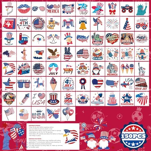 250th Anniversary USA Shirt - 150 PCS USA Flag Patriotic Tattoos for Fourth of July Accessories America Merchandise | 4th of July Outfits for Women,Red White Blue Party Decorations Favors Supplies