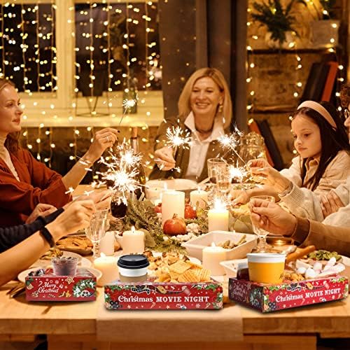 48 Pcs Christmas Party Supplies Movie Night Paper Snack Trays Xmas Party Decorations Christmas Birthday Favors Snowman Family Movie Popcorn&Drink&Candy Box