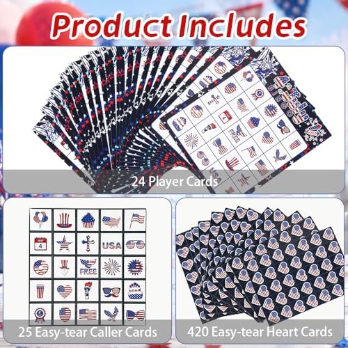 4th of July Bingo Game Cards, 24 Players Patriotic Bingo Cards, Fourth of July Bingos Game for Adults Outdoor Family Friends Student Large Group Activities Independence Day Party Favors Supplies